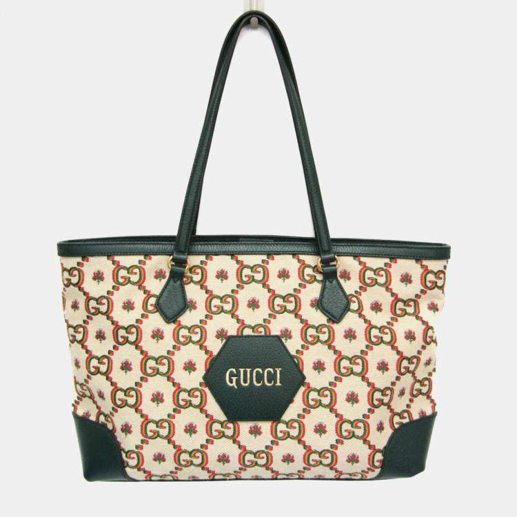Pre Owned Gucci 100th Anniversary Green Beige Canvas Leather Tote Bag