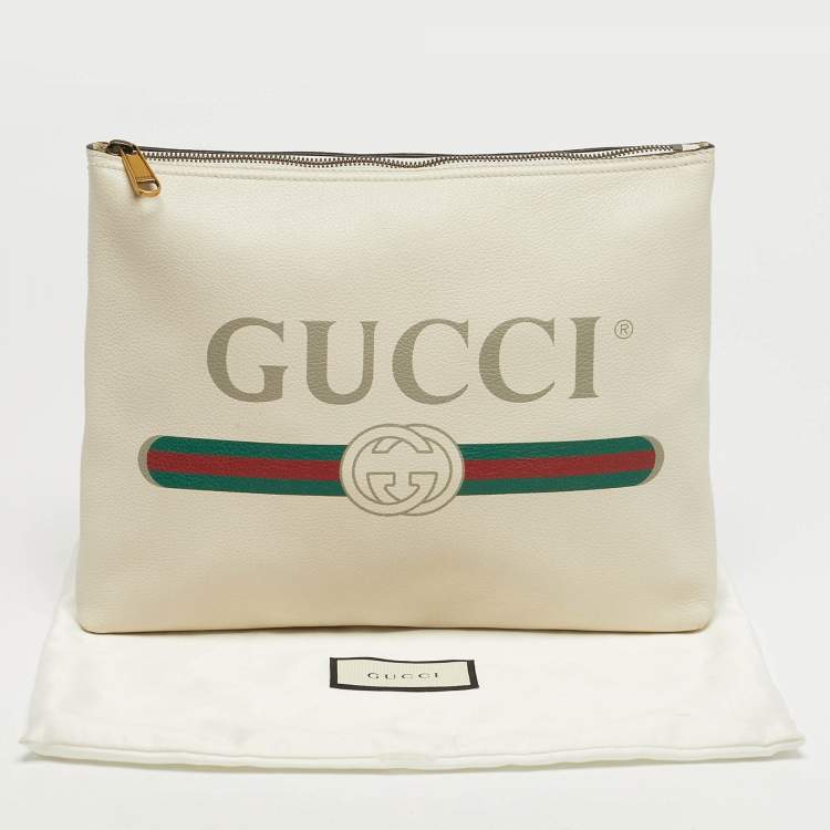 Pre Owned Gucci Logo Print Off White Leather Zip Pouch