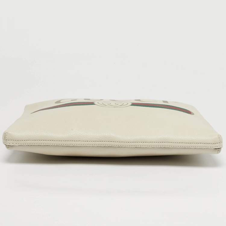 Pre Owned Gucci Logo Print Off White Leather Zip Pouch