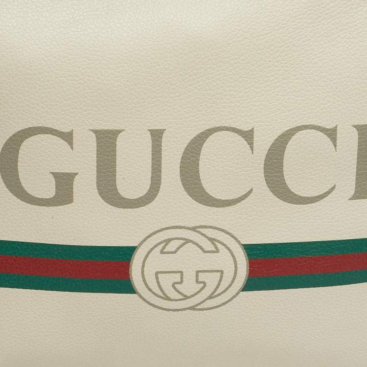 Pre Owned Gucci Logo Print Off White Leather Zip Pouch