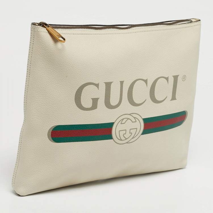 Pre Owned Gucci Logo Print Off White Leather Zip Pouch