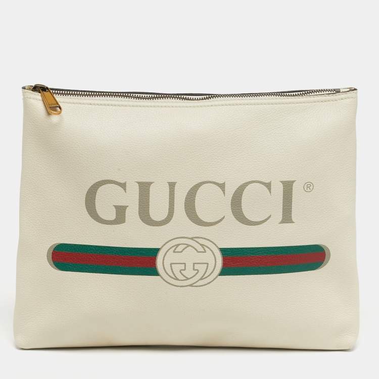 Pre Owned Gucci Logo Print Off White Leather Zip Pouch
