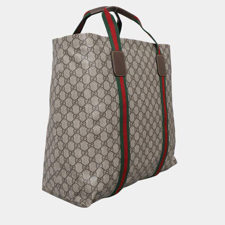 Pre Owned Gucci Brown Coated Canvas Large Tote Bag With Web Detail