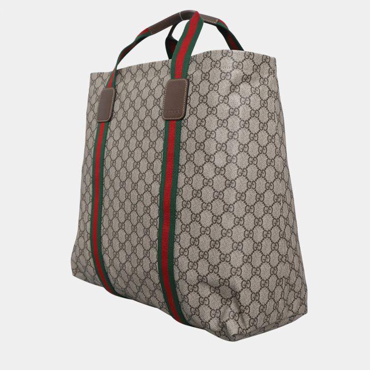 Pre Owned Gucci Brown Coated Canvas Large Tote Bag With Web Detail