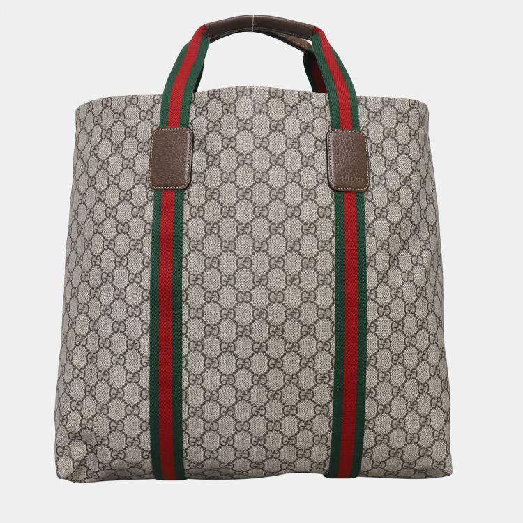 Pre Owned Gucci Brown Coated Canvas Large Tote Bag With Web Detail