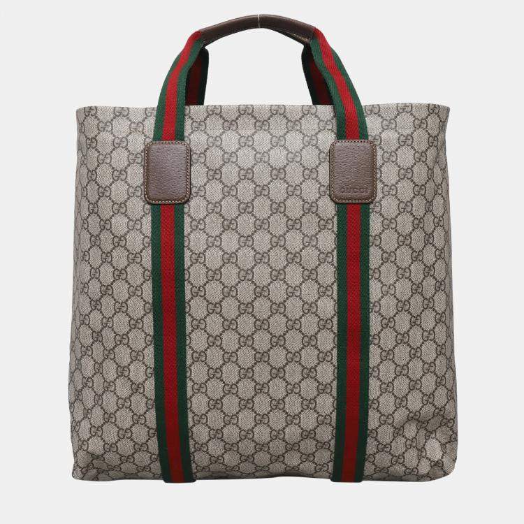 Pre Owned Gucci Brown Coated Canvas Large Tote Bag With Web Detail