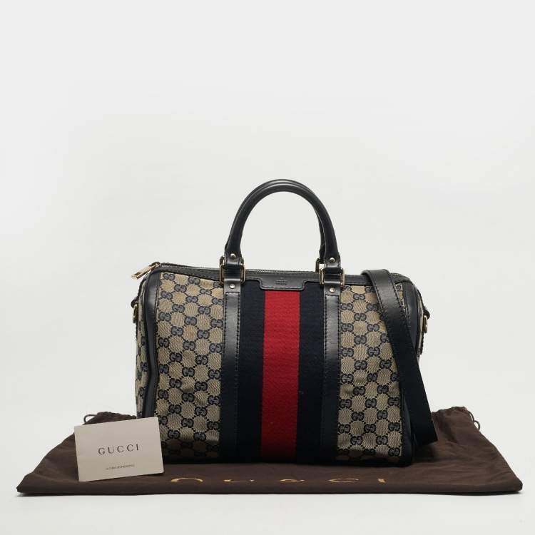 Pre Owned Gucci Joy Medium Navy Blue GG Canvas and Leather Boston Bag
