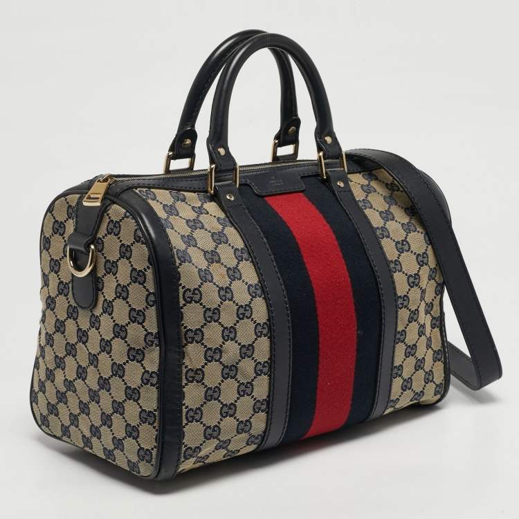 Pre Owned Gucci Joy Medium Navy Blue GG Canvas and Leather Boston Bag