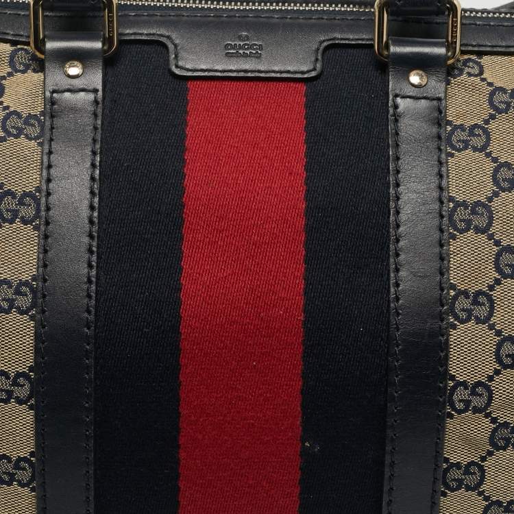 Pre Owned Gucci Joy Medium Navy Blue GG Canvas and Leather Boston Bag