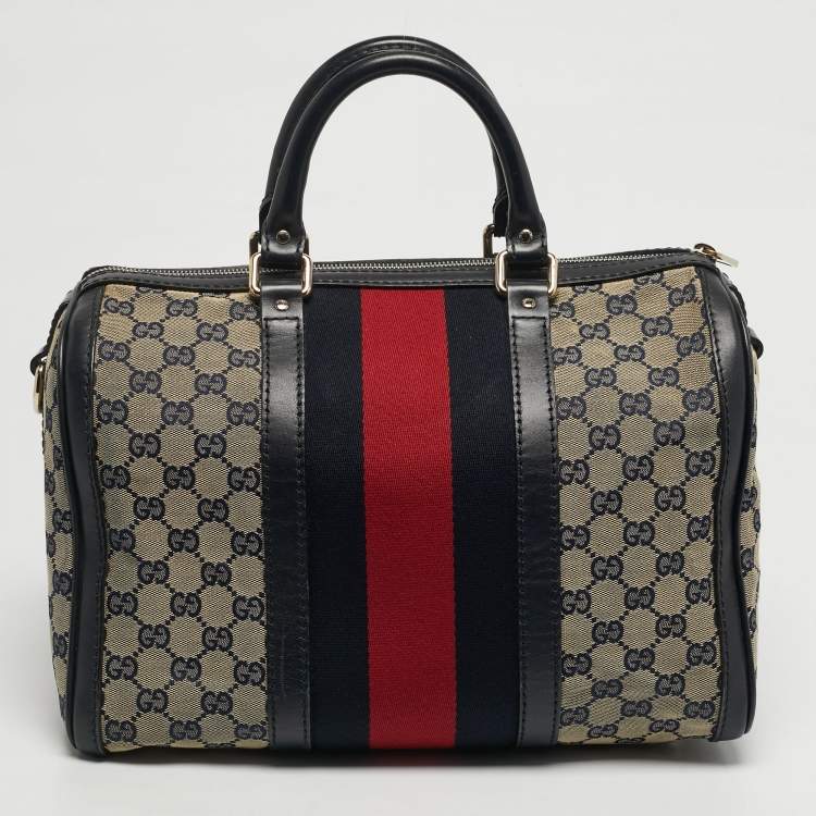 Pre Owned Gucci Joy Medium Navy Blue GG Canvas and Leather Boston Bag