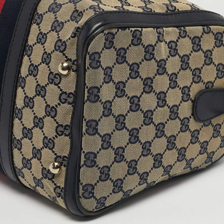 Pre Owned Gucci Joy Medium Navy Blue GG Canvas and Leather Boston Bag