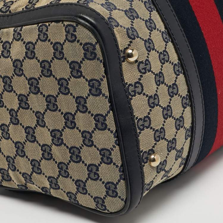 Pre Owned Gucci Joy Medium Navy Blue GG Canvas and Leather Boston Bag