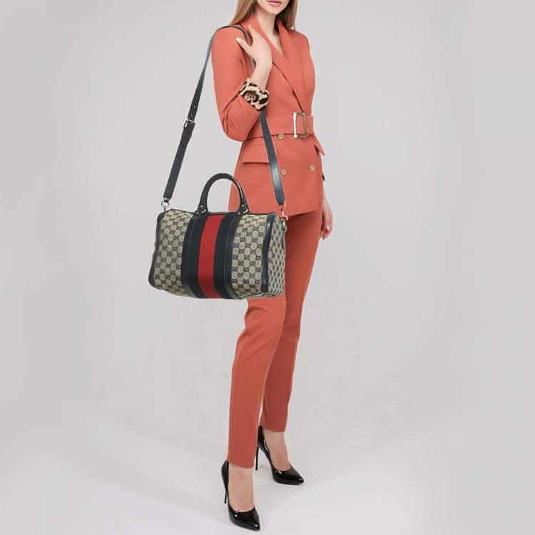 Pre Owned Gucci Joy Medium Navy Blue GG Canvas and Leather Boston Bag