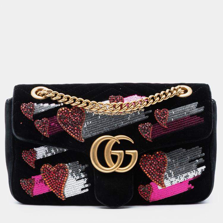 Pre Owned Gucci Black Medium GG Marmont Matelasse Velvet Sequin Embellished Shoulder Bag
