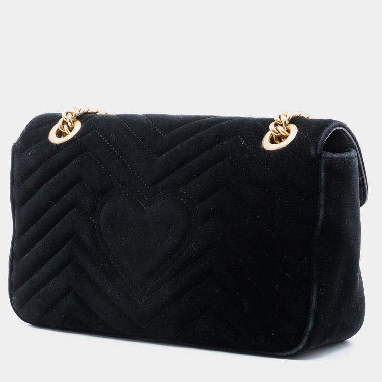 Pre Owned Gucci Black Medium GG Marmont Matelasse Velvet Sequin Embellished Shoulder Bag
