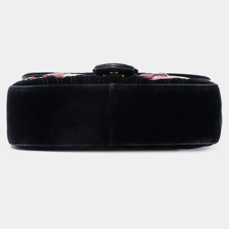 Pre Owned Gucci Black Medium GG Marmont Matelasse Velvet Sequin Embellished Shoulder Bag