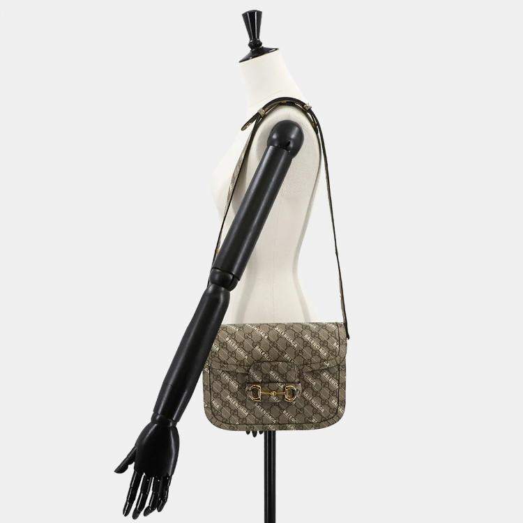 Pre Owned Gucci Hacker Horsebit 1955 Beige White GG Supreme Leather Shoulder Bag