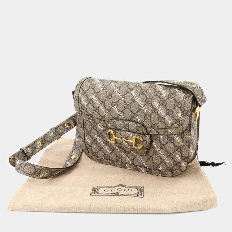 Pre Owned Gucci Hacker Horsebit 1955 Beige White GG Supreme Leather Shoulder Bag