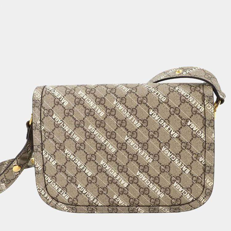 Pre Owned Gucci Hacker Horsebit 1955 Beige White GG Supreme Leather Shoulder Bag