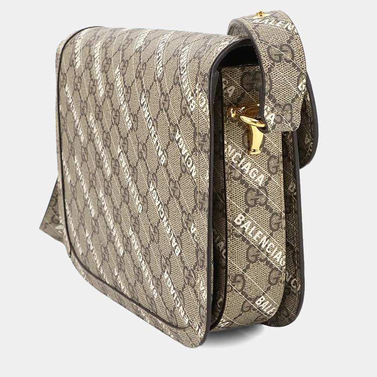 Pre Owned Gucci Hacker Horsebit 1955 Beige White GG Supreme Leather Shoulder Bag