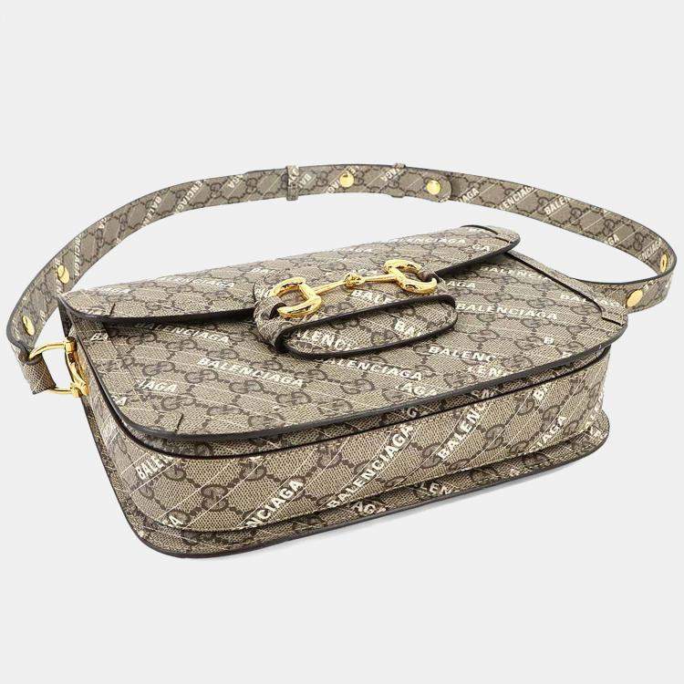 Pre Owned Gucci Hacker Horsebit 1955 Beige White GG Supreme Leather Shoulder Bag