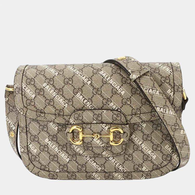 Pre Owned Gucci Hacker Horsebit 1955 Beige White GG Supreme Leather Shoulder Bag