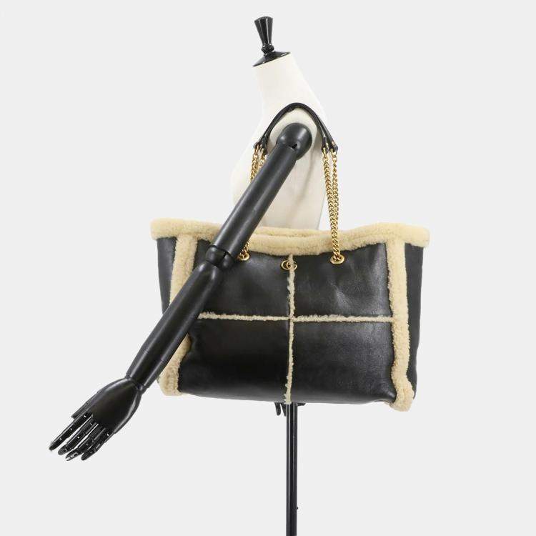 Pre Owned Gucci GG Marmont Black Leather Shearling Tote Bag
