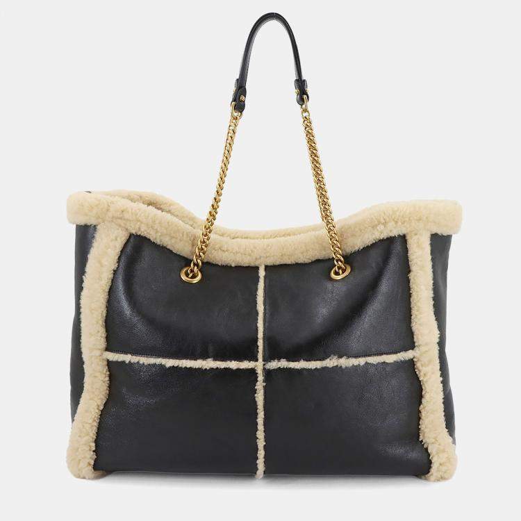 Pre Owned Gucci GG Marmont Black Leather Shearling Tote Bag