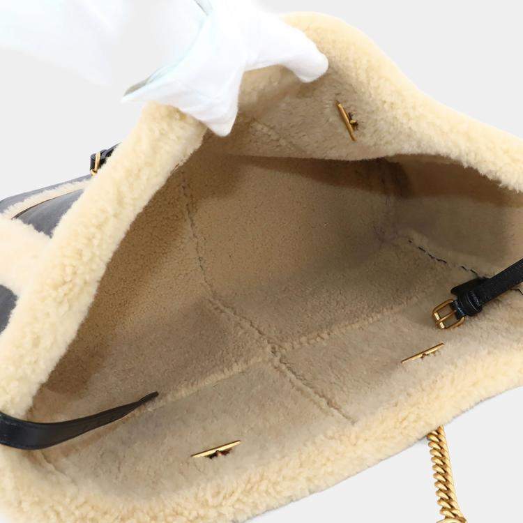 Pre Owned Gucci GG Marmont Black Leather Shearling Tote Bag