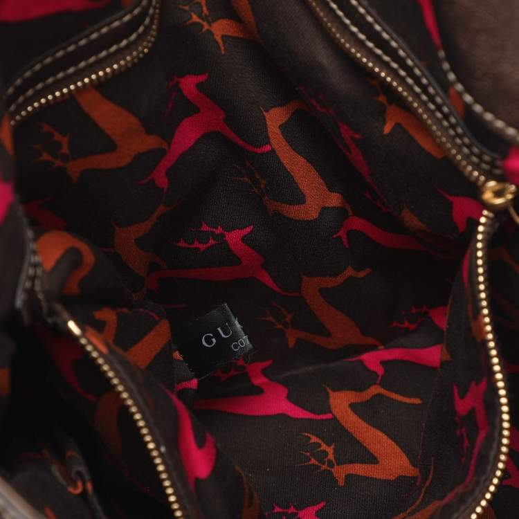 Pre Owned Gucci Babouska Indy Medium Beige/Dark Brown Canvas and Leather Hobo