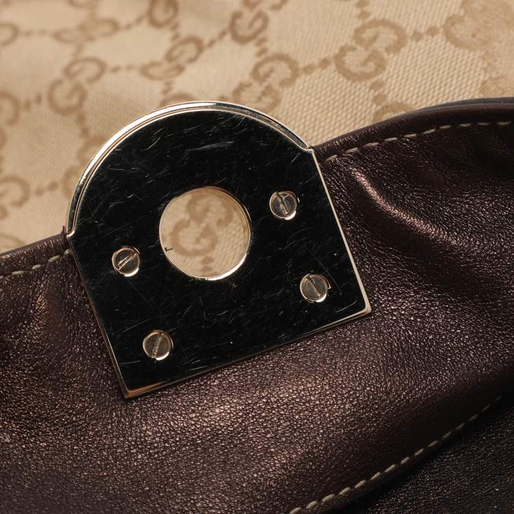 Pre Owned Gucci Babouska Indy Medium Beige/Dark Brown Canvas and Leather Hobo