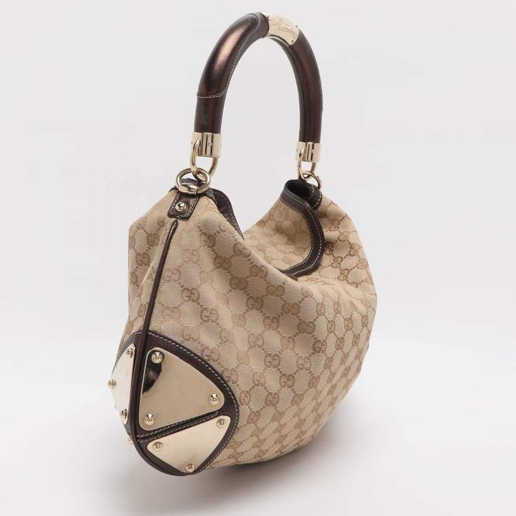 Pre Owned Gucci Babouska Indy Medium Beige/Dark Brown Canvas and Leather Hobo