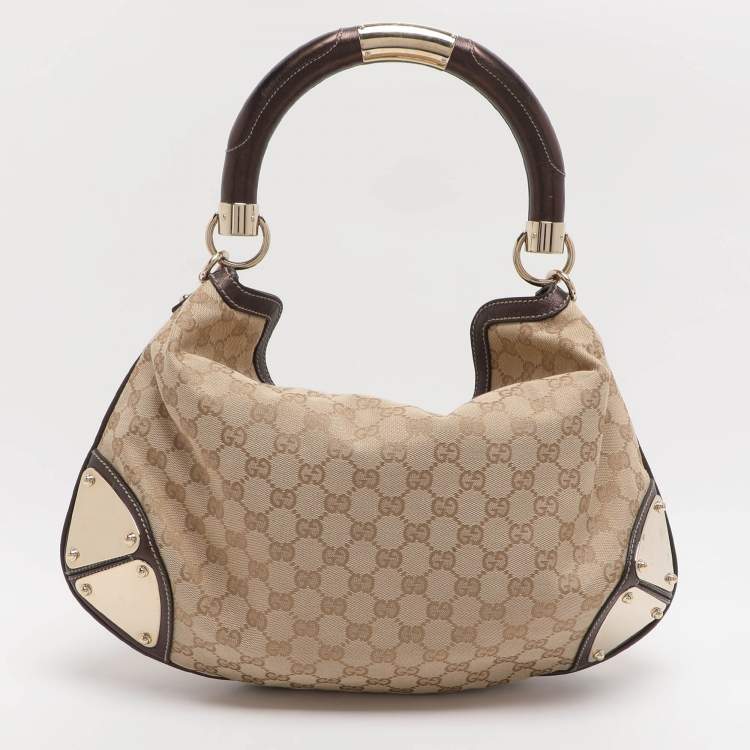 Pre Owned Gucci Babouska Indy Medium Beige/Dark Brown Canvas and Leather Hobo