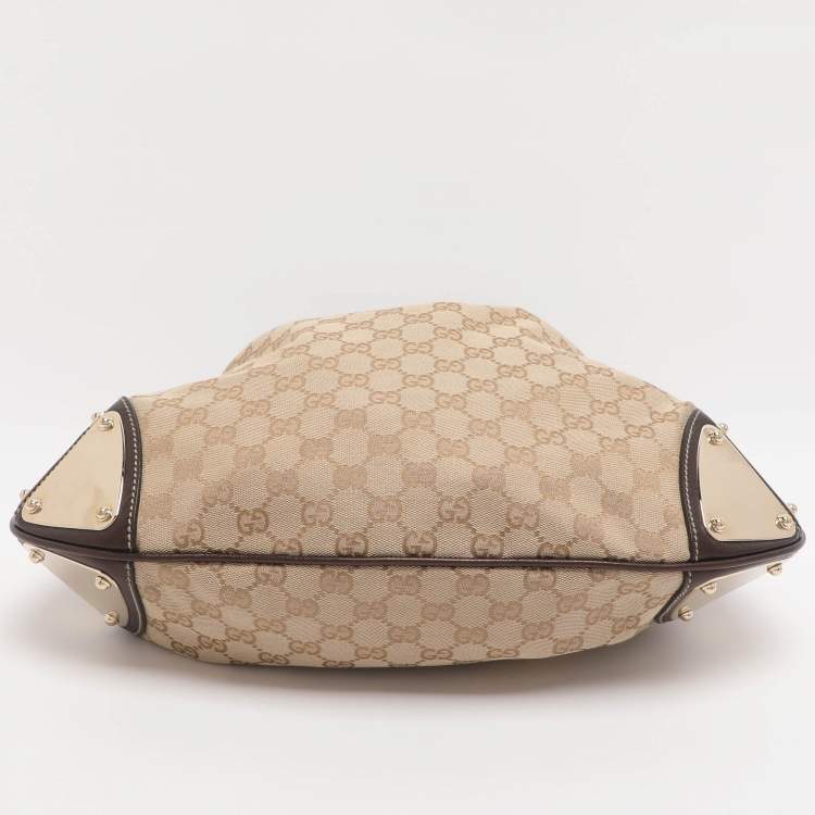 Pre Owned Gucci Babouska Indy Medium Beige/Dark Brown Canvas and Leather Hobo