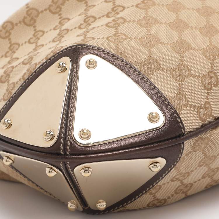 Pre Owned Gucci Babouska Indy Medium Beige/Dark Brown Canvas and Leather Hobo