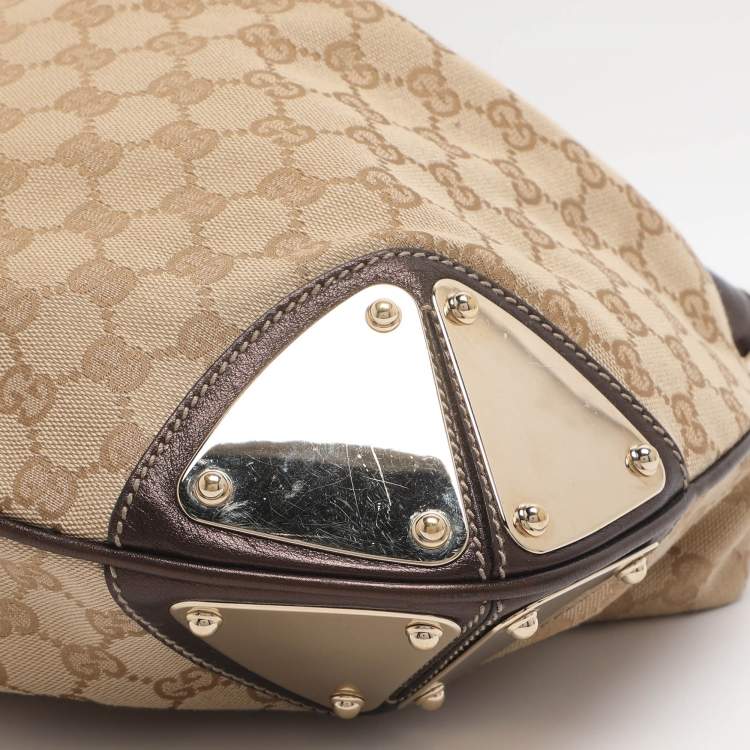 Pre Owned Gucci Babouska Indy Medium Beige/Dark Brown Canvas and Leather Hobo