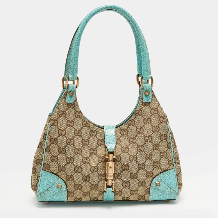 Pre Owned Gucci Jackie Turquoise Blue/Beige GG Canvas and Leather Tote