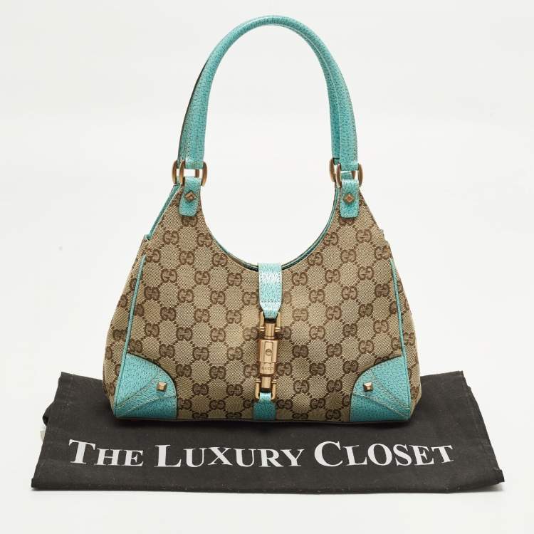 Pre Owned Gucci Jackie Turquoise Blue/Beige GG Canvas and Leather Tote