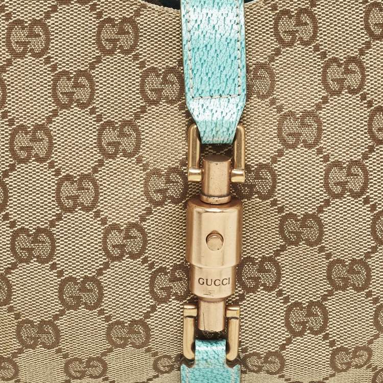 Pre Owned Gucci Jackie Turquoise Blue/Beige GG Canvas and Leather Tote