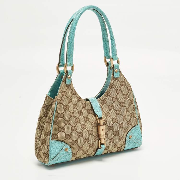 Pre Owned Gucci Jackie Turquoise Blue/Beige GG Canvas and Leather Tote