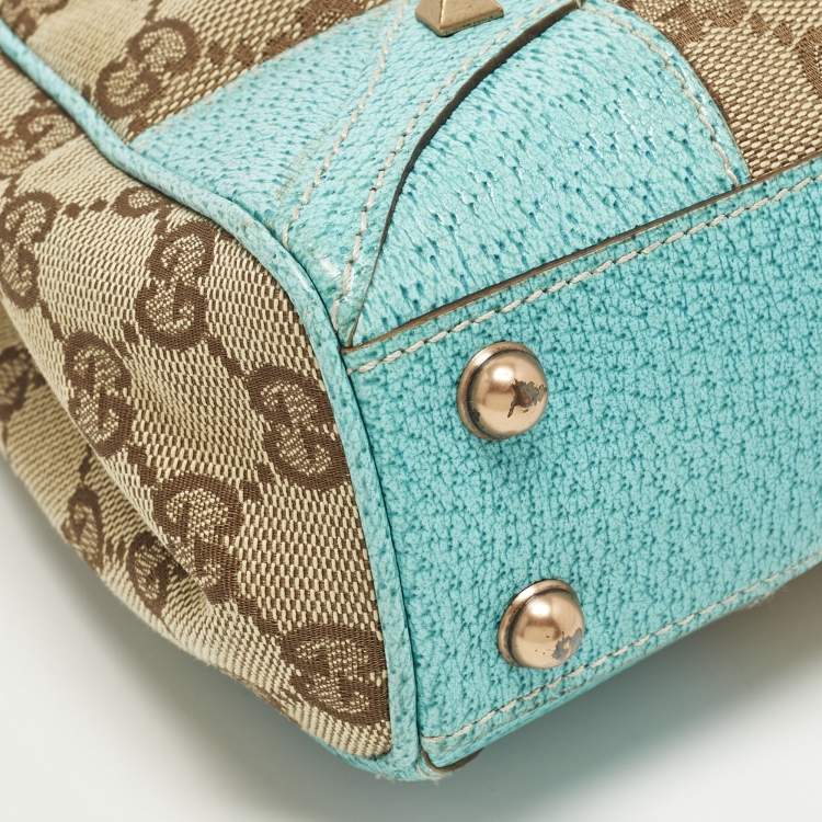 Pre Owned Gucci Jackie Turquoise Blue/Beige GG Canvas and Leather Tote