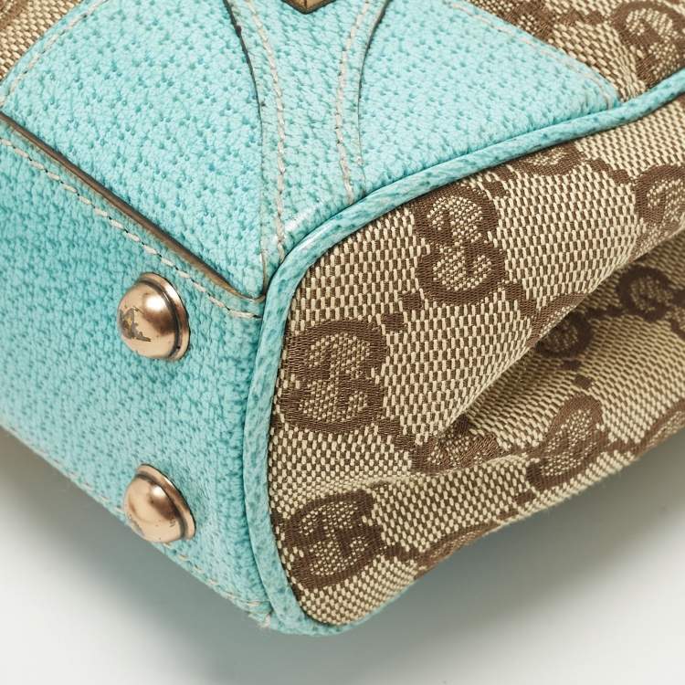 Pre Owned Gucci Jackie Turquoise Blue/Beige GG Canvas and Leather Tote