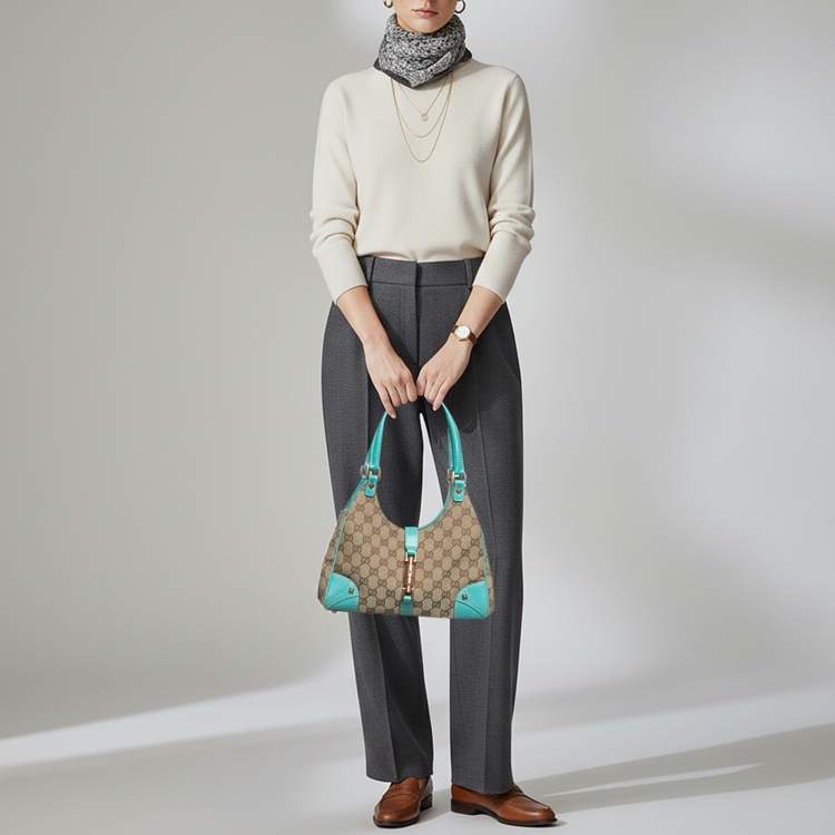 Pre Owned Gucci Jackie Turquoise Blue/Beige GG Canvas and Leather Tote