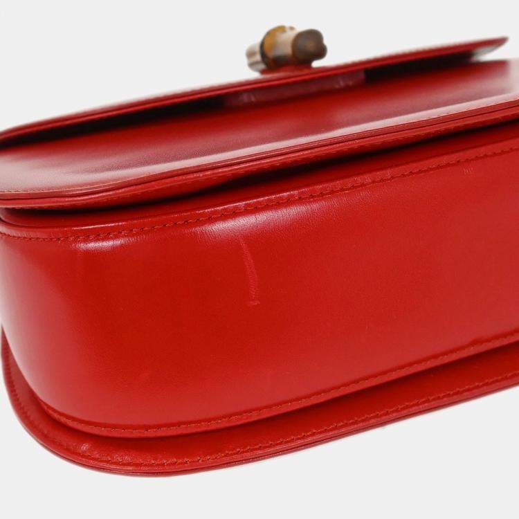 Pre Owned Gucci Bamboo Red Leather Top Handle Bag