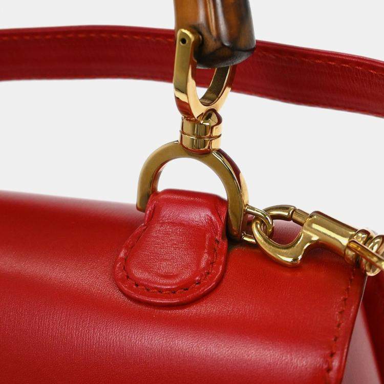 Pre Owned Gucci Bamboo Red Leather Top Handle Bag