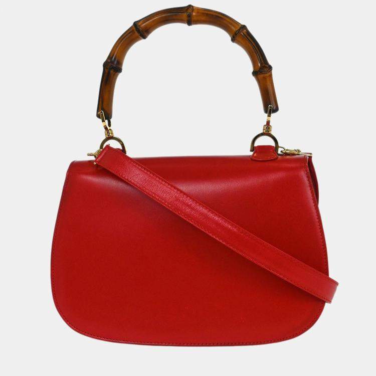 Pre Owned Gucci Bamboo Red Leather Top Handle Bag