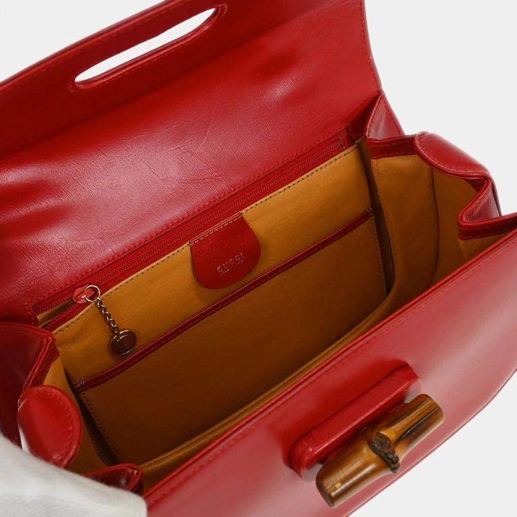 Pre Owned Gucci Bamboo Red Leather Top Handle Bag