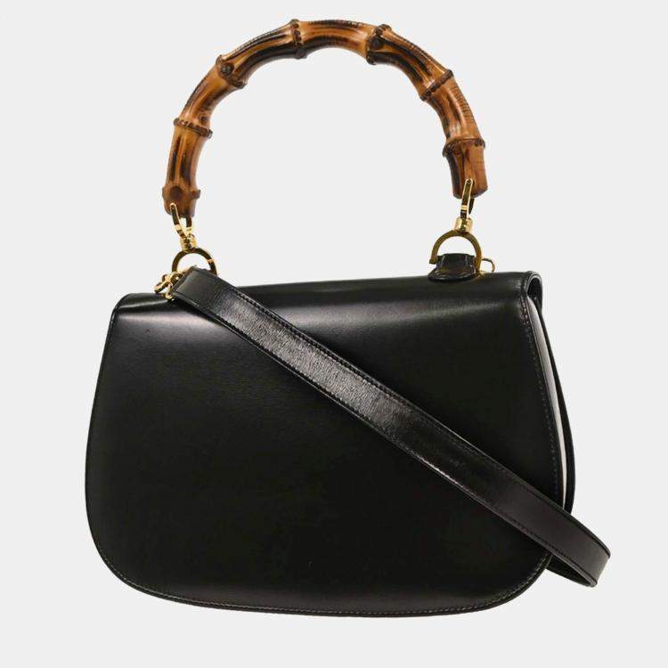 Pre Owned Gucci Bamboo Black Leather Top Handle Bag