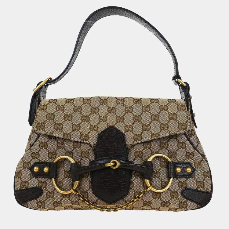 Pre Owned Gucci Horsebit GG Beige Canvas Shoulder Bag