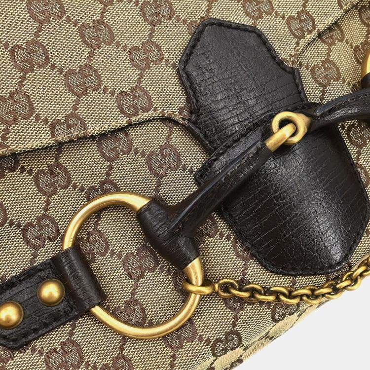 Pre Owned Gucci Horsebit GG Beige Canvas Shoulder Bag